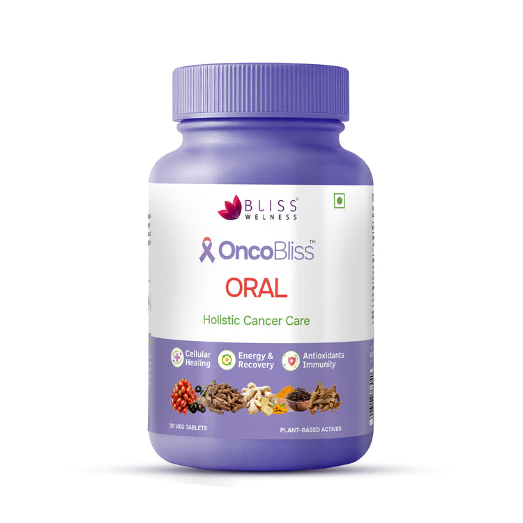 Bliss Wellness OncoBliss Oral Holistic Cancer Care tablets, featuring a white label with purple and red text and illustrations of herbal ingredients