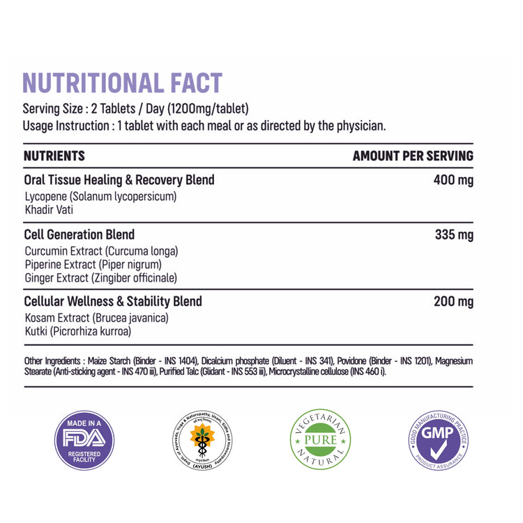 NUTRITIONAL FACT label for a supplement product, showing serving size, usage instructions, and a list of nutrients and ingredients per serving. The label includes logos for Made in USA, Certified Pure, and GMP at the bottom.