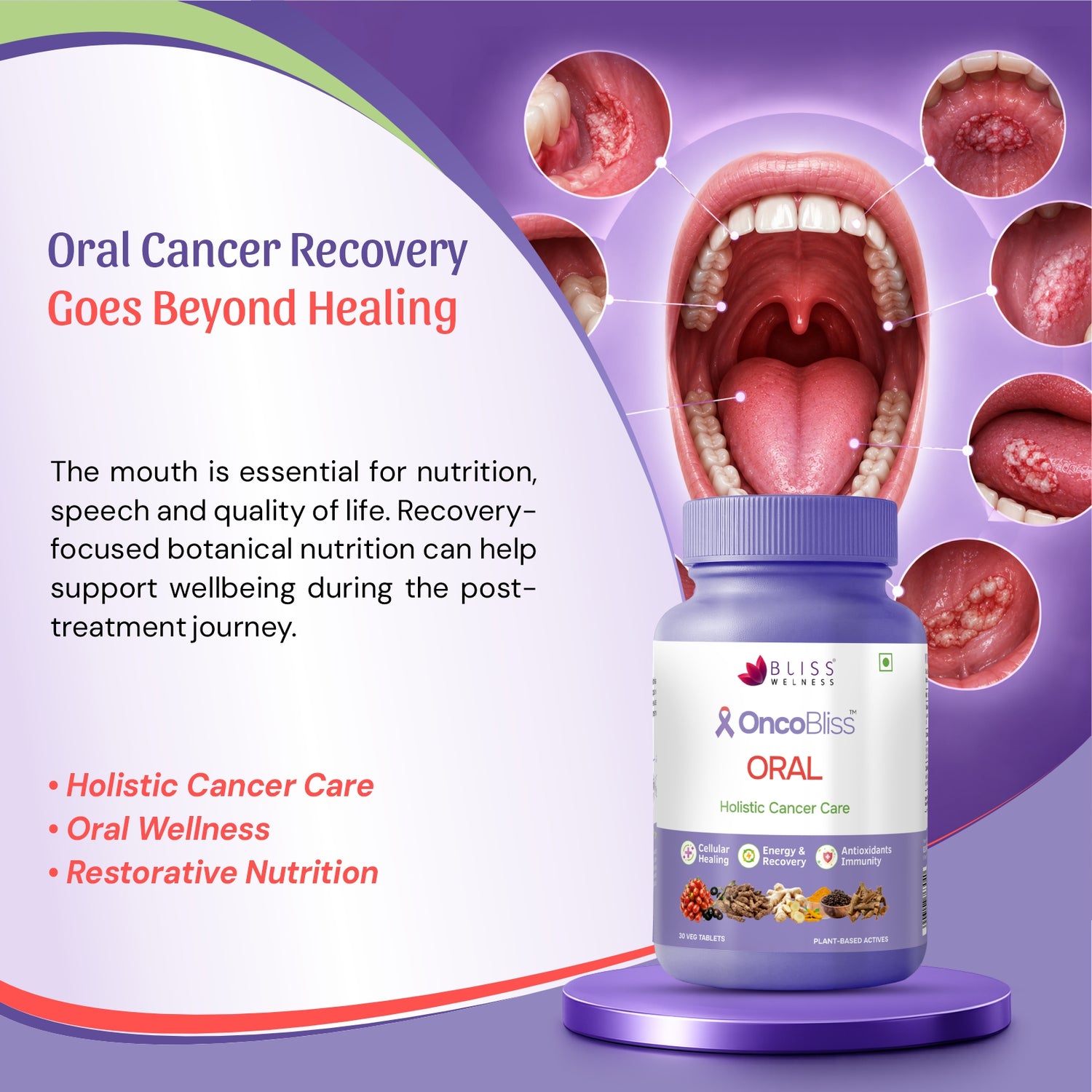 Bliss Wellness OncoBliss Oral Holistic Cancer Care supplement  with mouth close-up and text about oral cancer recovery.