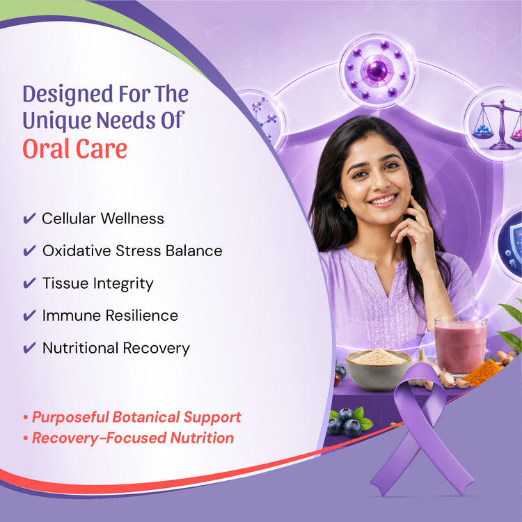 oral care products with a purple and white layout, featuring a smiling woman in a purple top, a glass of pink drink, a bowl of powder, and text listing benefits such as cellular wellness, oxidative stress balance, tissue integrity, immune resilience, and nutritional recovery.