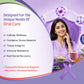 oral care products with a purple and white layout, featuring a smiling woman in a purple top, a glass of pink drink, a bowl of powder, and text listing benefits such as cellular wellness, oxidative stress balance, tissue integrity, immune resilience, and nutritional recovery.