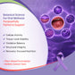 Promotional graphic for a botanical science product for oral wellness and holistic cancer care, featuring purple and white design elements, text listing benefits, microscopic and tissue-level visual diagrams, and a purple awareness ribbon.