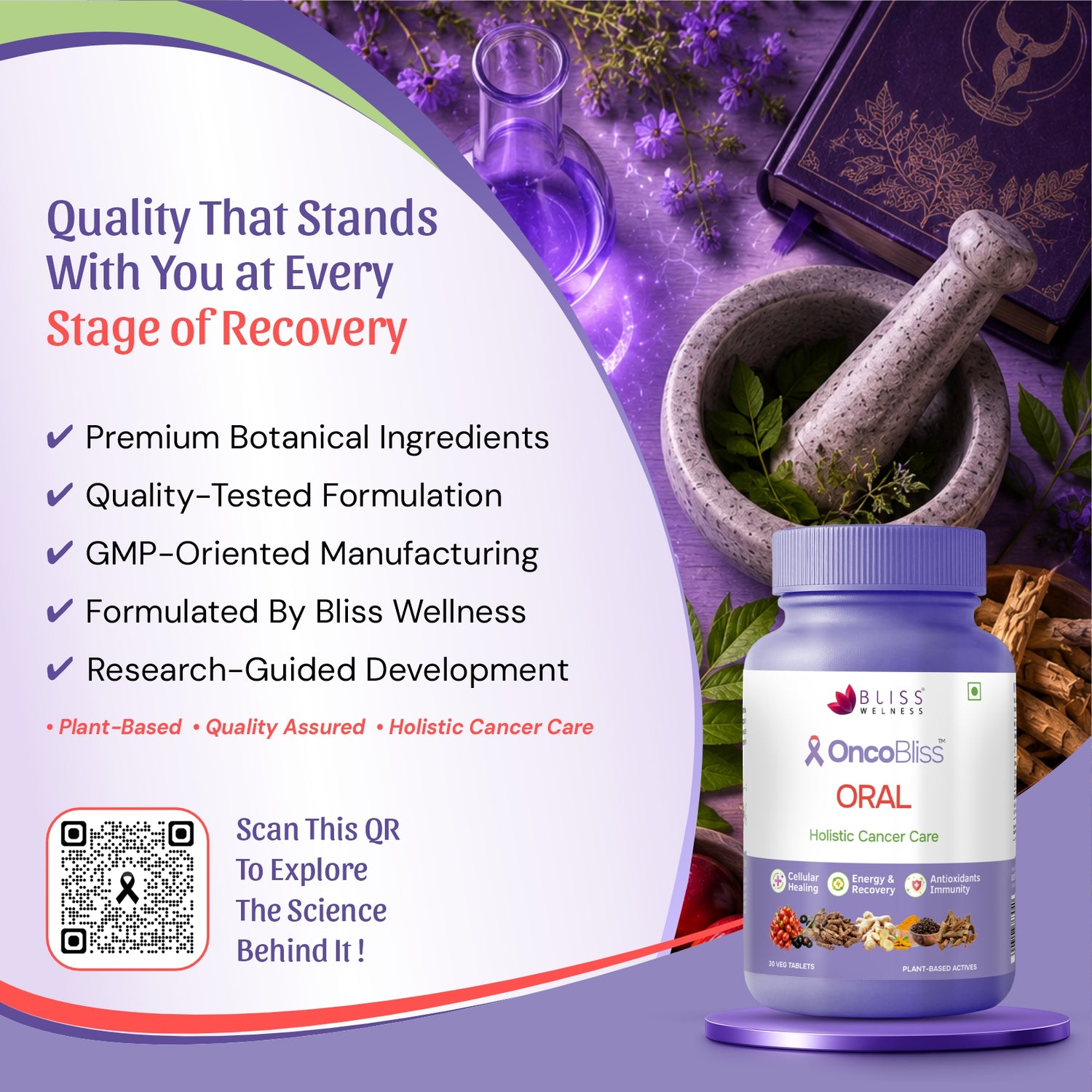 A supplement bottle labeled Bliss Wellness OncoBliss ORAL Herbal Cancer Care, shown on a purple promotional graphic with botanical ingredients, a mortar and pestle, and marketing text.