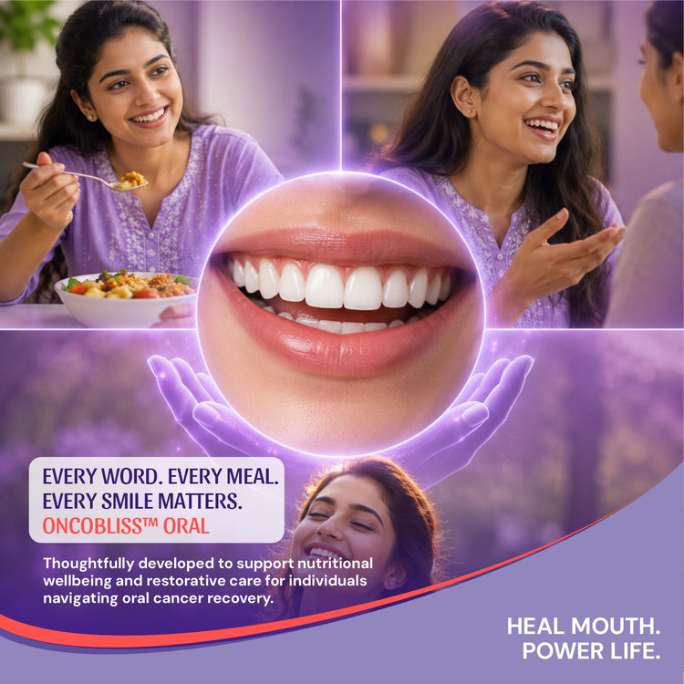 Oncobliss Oral featuring a central close-up of smiling lips and teeth, surrounded by smaller photos of women eating and talking. &