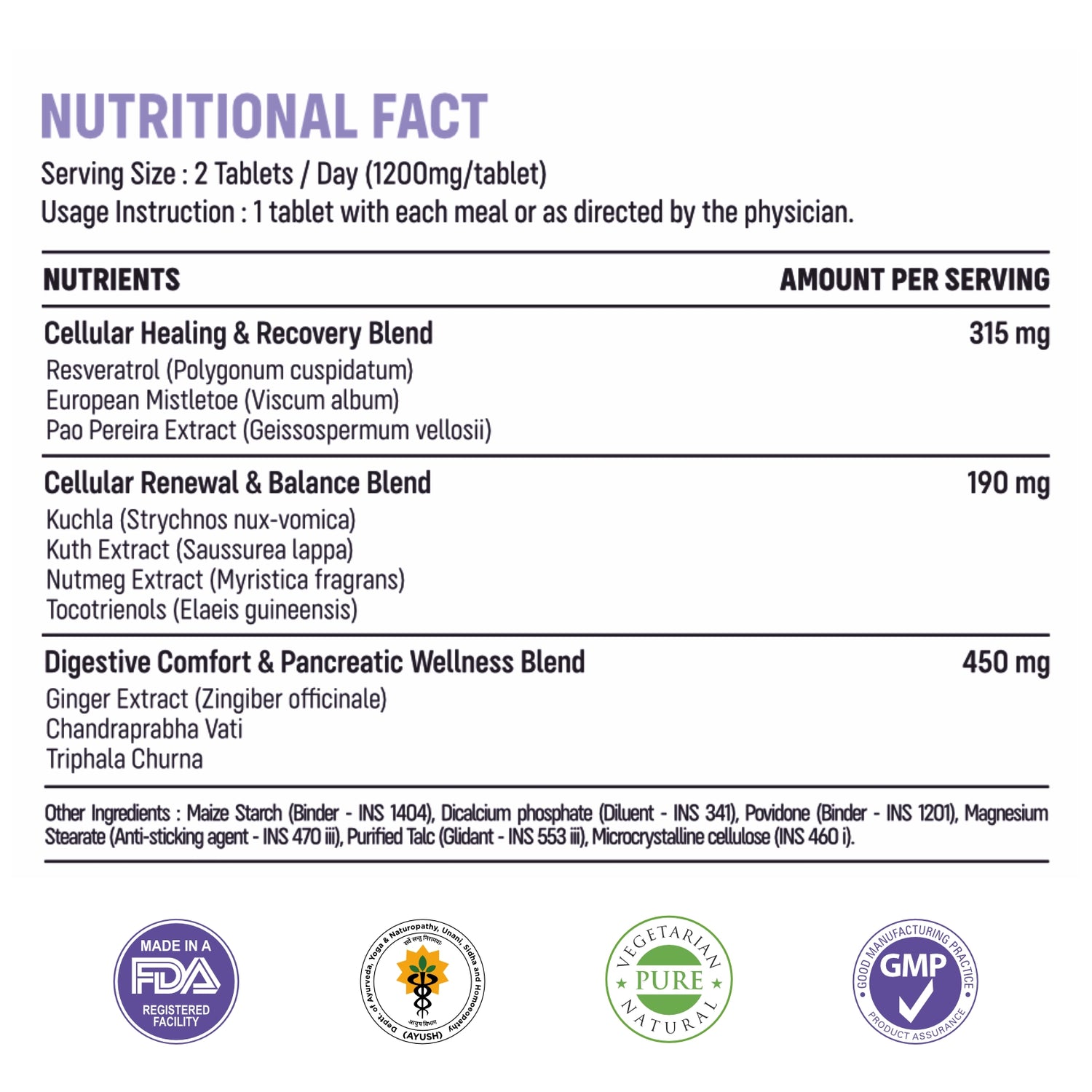 Nutritional fact label for a dietary supplement, showing serving size, usage instructions, and a table of nutrients including Cellular Healing & Recovery Blend (315 mg), Cellular Renewal & Balance Blend (190 mg), and Digestive Comfort & Pancreatic Wellness Blend (450 mg). The label also includes certification logos at the bottom.