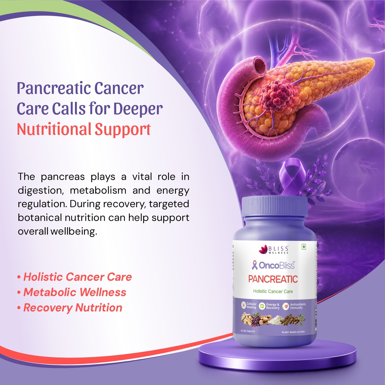 A bottle of Bliss Health OncoGlow Pancreatic Holistic Cancer Care dietary supplements displayed on a purple pedestal against a purple and white graphic background featuring an illustration of a pancreas.