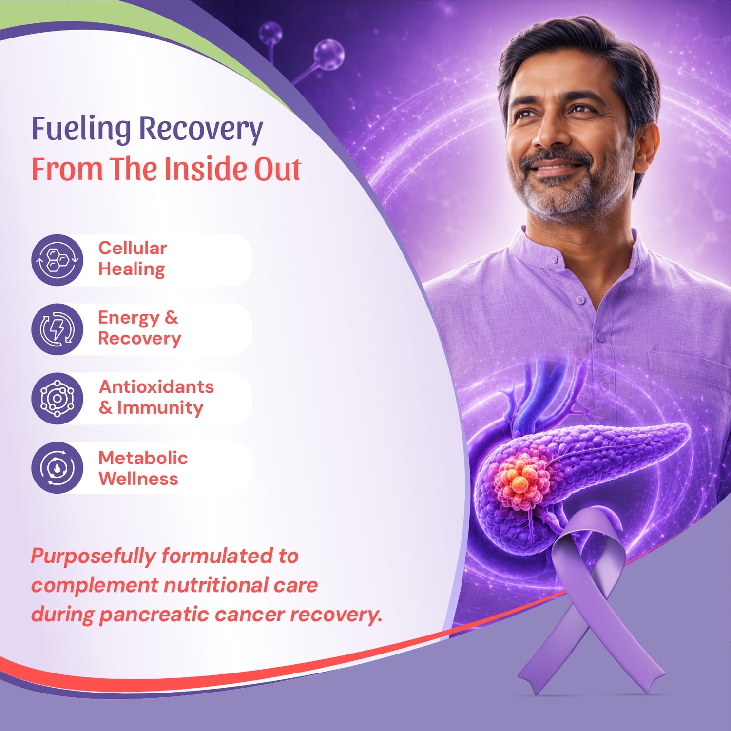 pancreatic cancer recovery supplement, featuring a smiling man on a purple background with an illustrated purple pancreas and ribbon. Text highlights cellular healing, energy and recovery, antioxidants and immunity, and metabolic wellness.
