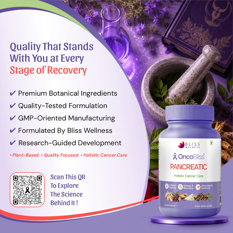 Oncobliiss Pancreatic Holistic Cancer Care supplement bottle shown on a purple promotional graphic with botanical ingredients, a mortar and pestle, and text highlighting quality and ingredients.