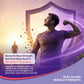 Oncbliss Pancreatic featuring a muscular man flexing in front of a glowing purple shield, with text about pancreatic cancer recovery and the slogan &