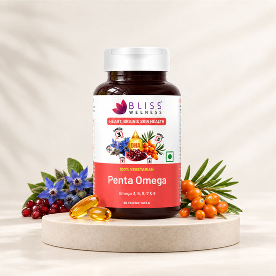 Bliss Welness Penta Omega | 3 5 6 7 9 Fatty Acids Blend with Natural Antioxidants | Advanced Formula for Heart, Brain, Skin, Joints & Metabolism | 60 Softgels | Vegetarian Source