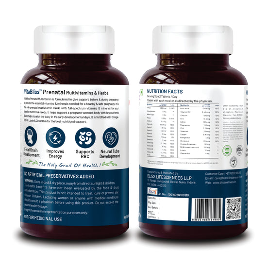 Comprehensive Prenatal Blend: VitaBliss Women’s Prenatal MultiVitamin is formulated to meet the unique needs of women before & after pregnancy with with vitamins A, C, D, E, K, B1, B2, B3, B6, B12, B5, calcium, magnesium, zinc, and biotin. A unique blend of herbs supports prenatal nutrition which includes DHA, Choline & other minerals throughout your day.