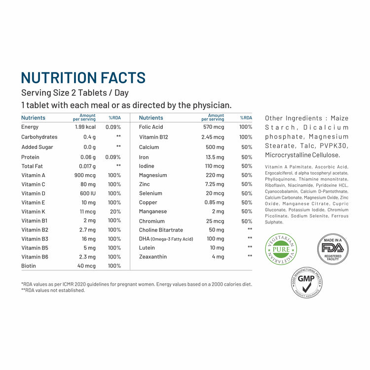 Supports Health of Baby & Mother: It is enriched with Calcium, Folic Acid, Zinc and Iodine and is essential for growth & development of brain, eye & spinal cord of baby, supports healthy bone development in the fetus & that of mothers. Vitamin E, C, B12 and other minerals fulfills nutritional needs of women, prevents anemia and aids in overall health of women.