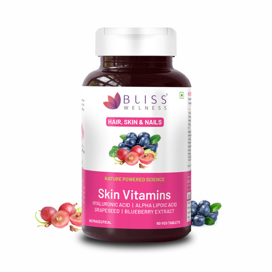 Bliss Welness BeautyBliss Skin Vitamins | Hyaluronic Acid + Alpha Lipoic Acid + Grapeseed + BlueBerry Extract | For Glowing, Radiant, Hydrated & Supple Skin | Vegetarian Supplement – 60 Veg Tablets