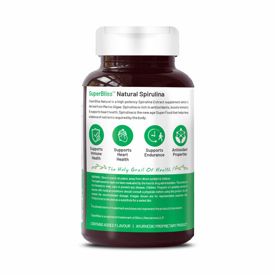 Bliss Welness SuperBliss Natural Spirulina Immunity Booster with Rich Antioxidant | Nutridense Daily Superfood | Give Energy Detox Vegetarian Health Supplement - 120 Tablets