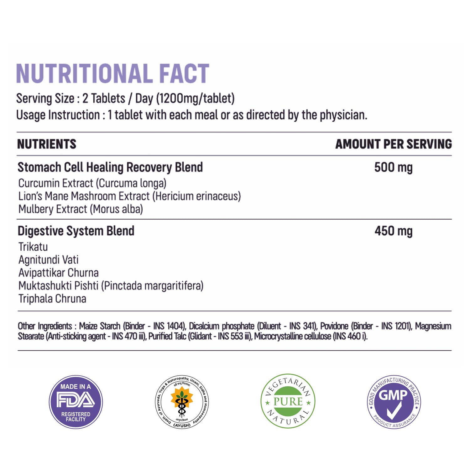 Nutritional fact label for Stomach Cell Healing Recovery Blend, showing serving size, usage instructions, and a list of nutrients and ingredients per serving on a white background with certification logos at the bottom.