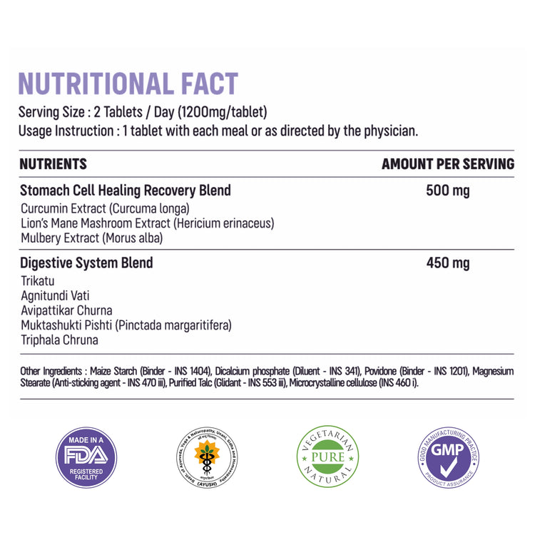 Nutritional fact label for Stomach Cell Healing Recovery Blend, showing serving size, usage instructions, and a list of nutrients and ingredients per serving on a white background with certification logos at the bottom.