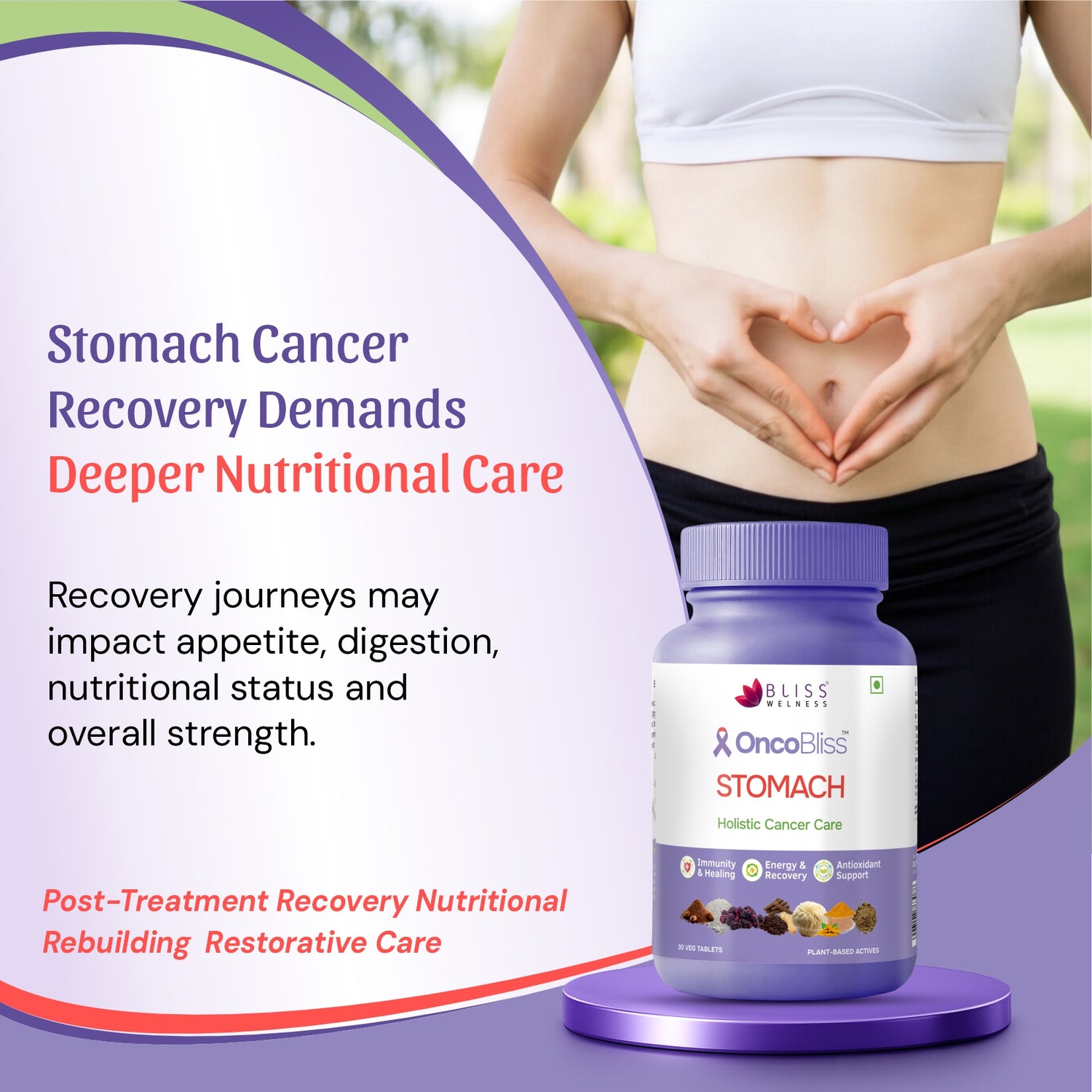 OncoEliss Stomach Holistic Cancer Care supplements displayed on a purple platform, with a cropped background of a woman&