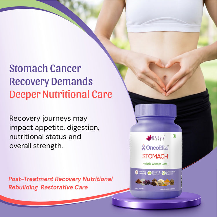 OncoEliss Stomach Holistic Cancer Care supplements displayed on a purple platform, with a cropped background of a woman&