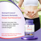 OncoEliss Stomach Holistic Cancer Care supplements displayed on a purple platform, with a cropped background of a woman&
