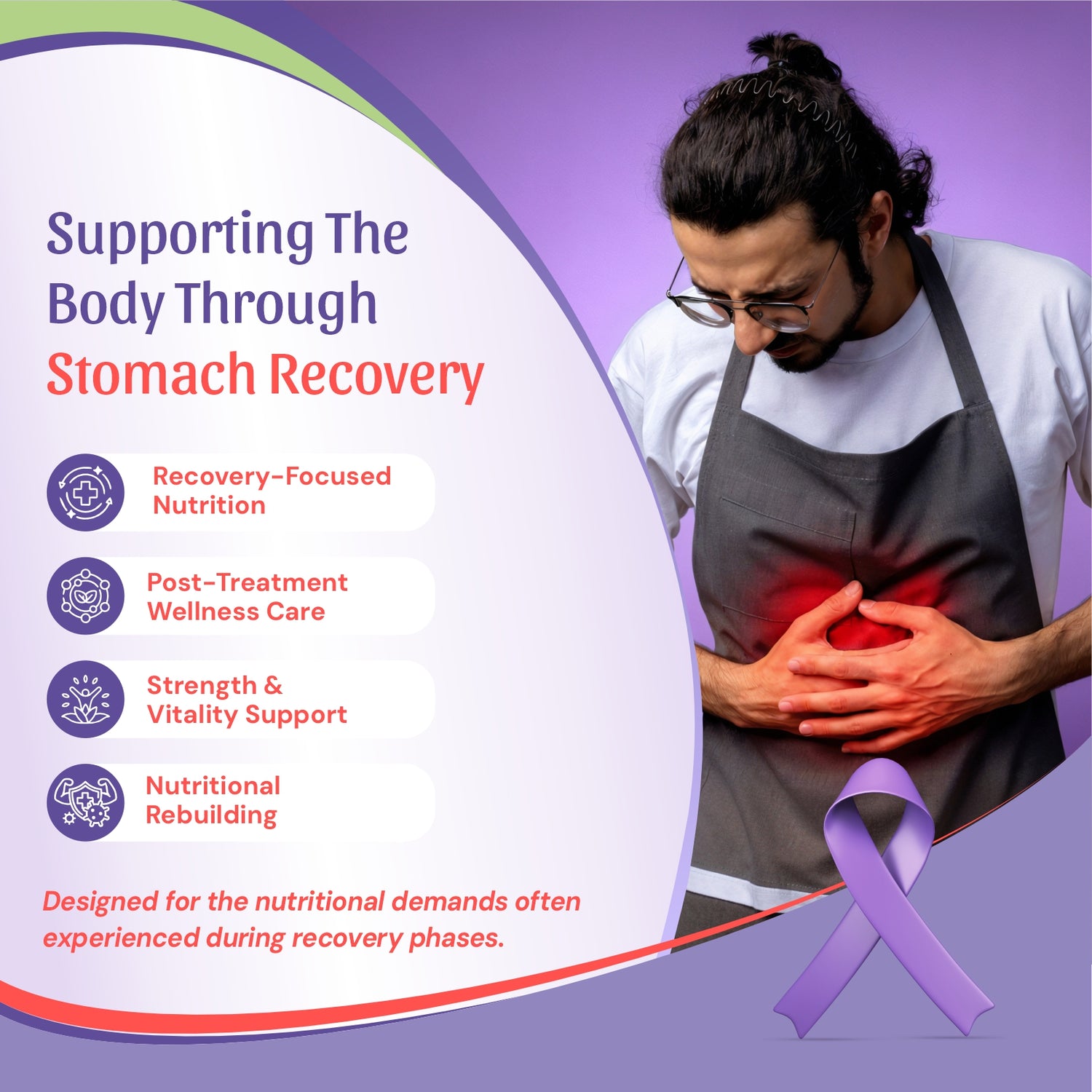  stomach recovery support, featuring a man in a white shirt and gray apron holding his chest with a red pain highlight, alongside a purple awareness ribbon and text listing recovery-focused nutrition, post-treatment wellness care, strength and vitality support, and nutritional rebuilding.