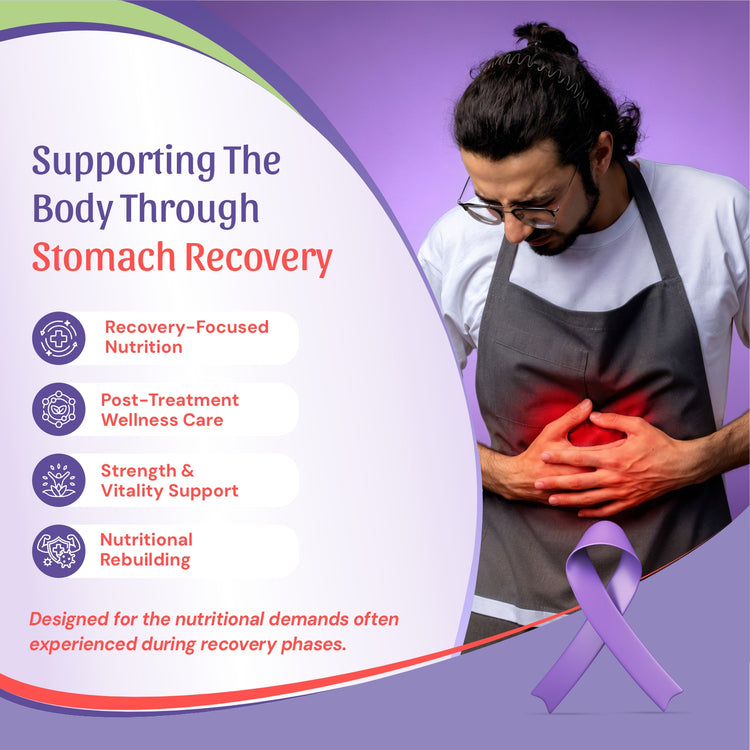  stomach recovery support, featuring a man in a white shirt and gray apron holding his chest with a red pain highlight, alongside a purple awareness ribbon and text listing recovery-focused nutrition, post-treatment wellness care, strength and vitality support, and nutritional rebuilding.