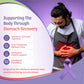  stomach recovery support, featuring a man in a white shirt and gray apron holding his chest with a red pain highlight, alongside a purple awareness ribbon and text listing recovery-focused nutrition, post-treatment wellness care, strength and vitality support, and nutritional rebuilding.