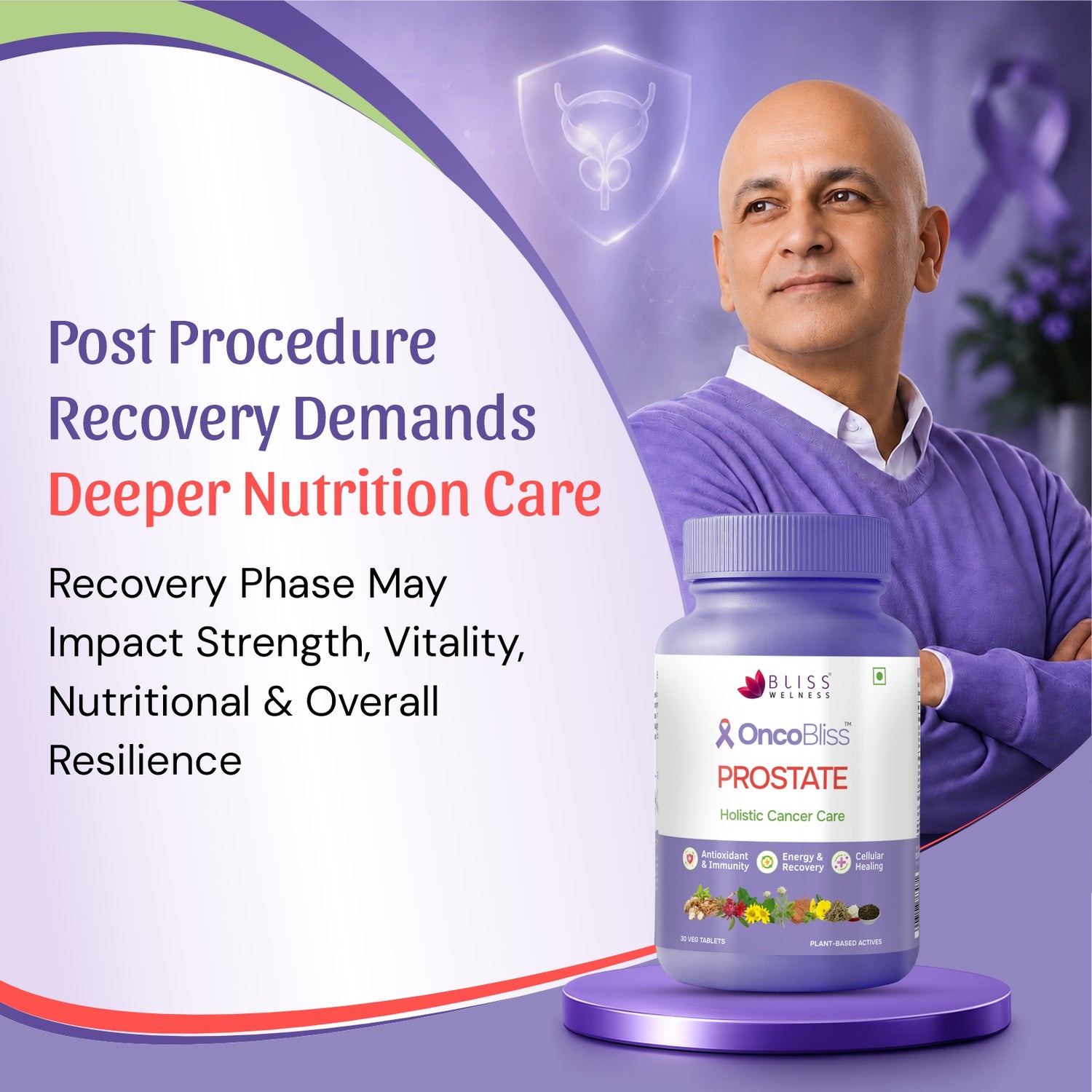 bottle of OncoBliss Prostate Holistic Cancer Care supplements on a purple and white promotional graphic background with text about post-procedure recovery.
