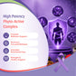 High Potency Phyto-Active Complex, featuring purple and white design elements, a human silhouette under a glowing shield, circular wellness icons, and a purple awareness ribbon with herbs in the corner.