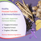 healthy prostate function and hormonal balance, featuring Ayurvedic ingredients including Tongkat Ali extract roots, Piperine extract black peppercorns, and ginger slices on a purple wooden background, alongside a purple awareness ribbon and text listing premium botanical ingredients.