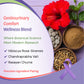 wellness blend called Genitourinary Comfort, featuring a large red hibiscus flower, bowls of herbal ingredients, and a purple awareness ribbon on a purple background with text listing ingredients and benefits.