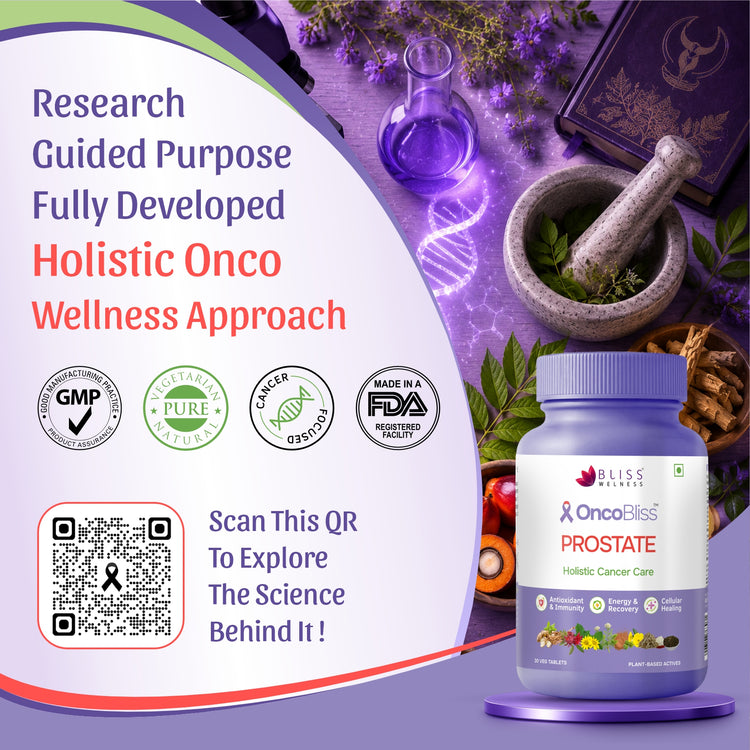 Bliss OncoBlast Prostate Holistic Cancer Care shown on a with herbs, a mortar and pestle, a beaker, and certification-style icons.