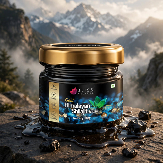 Bliss Welness Shilajit/Shilajeet Gold Resin - 30g | 7x Formula 24K Gold, Black Musli, Maca Root, Gokhru, Kaunch | Boosts Enegry, Endurance, Vitality Strength Stamina | 100% Ayurvedic | 500mg, 60 Serv