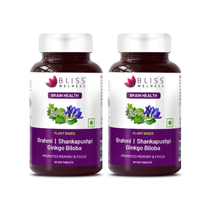 Bliss Welness BrainBliss health tablet for Memory Focus Mood | Brahmi Shankpushpi Ginkgo Biloba & Piperine | Cognitive Development Alertness Anti Anxiety Supplement - 60 Veg Tablets