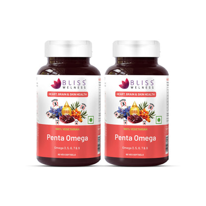 Bliss Welness Penta Omega | 3 5 6 7 9 Fatty Acids Blend with Natural Antioxidants | Advanced Formula for Heart, Brain, Skin, Joints & Metabolism | 60 Softgels | Vegetarian Source