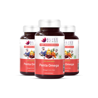 Bliss Welness Penta Omega | 3 5 6 7 9 Fatty Acids Blend with Natural Antioxidants | Advanced Formula for Heart, Brain, Skin, Joints & Metabolism | 60 Softgels | Vegetarian Source