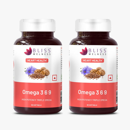 Bliss Welness CardioBliss Pure Omega 3 6 9 Omega 3 with Omega 6 & Omega 9 2000MG with ALA (Omega 3) 1000MG LA (Omega 6) 274MG OA (Omega 9) 400MG Heart Brain Eye Immunity Health Supplement - 60 Softgel Capsules