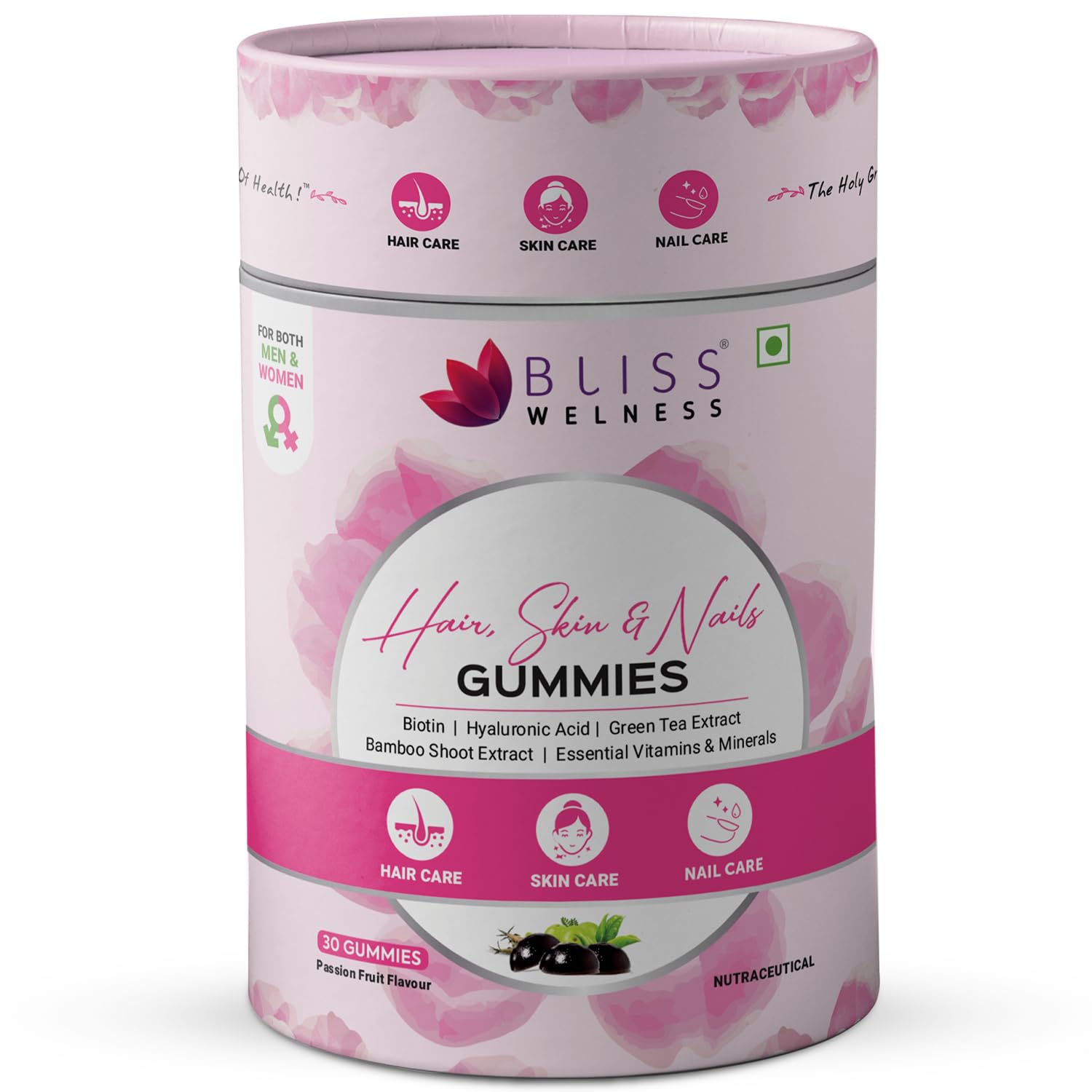 Bliss Welness Biotin Hair, Skin & Nails Gummies - Hyaluronic Acid, Green Tea Extract, Bamboo Shoot, Multivitamin and Minerals | Supports Hair Strength, Skin Radiance & Nail Growth, Passion Fruit Flavor - 30 Gummies - Bliss Welness