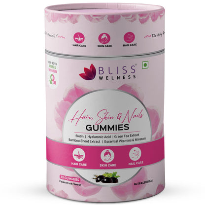 Bliss Welness Biotin Hair, Skin & Nails Gummies - Hyaluronic Acid, Green Tea Extract, Bamboo Shoot, Multivitamin and Minerals | Supports Hair Strength, Skin Radiance & Nail Growth, Passion Fruit Flavor - 30 Gummies - Bliss Welness
