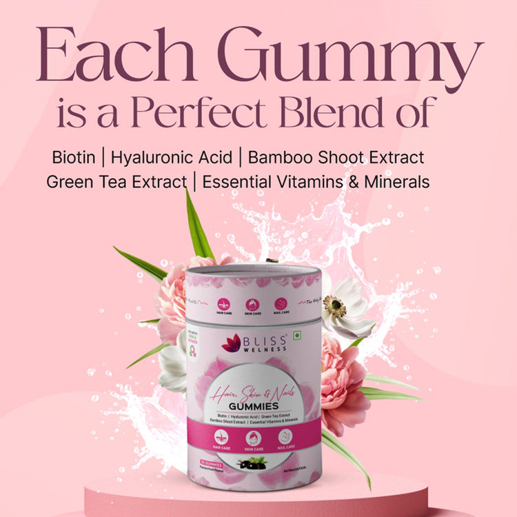 Bliss Welness Biotin Hair, Skin & Nails Gummies - Hyaluronic Acid, Green Tea Extract, Bamboo Shoot, Multivitamin and Minerals | Supports Hair Strength, Skin Radiance & Nail Growth, Passion Fruit Flavor - 30 Gummies - Bliss Welness
