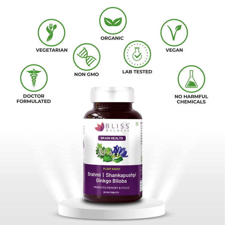 Bliss Welness BrainBliss health tablet for Memory Focus Mood | Brahmi Shankpushpi Ginkgo Biloba & Piperine | Cognitive Development Alertness Anti Anxiety Supplement - 60 Veg Tablets - Bliss Welness