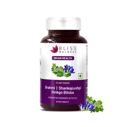 Bliss Welness BrainBliss health tablet for Memory Focus Mood | Brahmi Shankpushpi Ginkgo Biloba & Piperine | Cognitive Development Alertness Anti Anxiety Supplement - 60 Veg Tablets - Bliss Welness