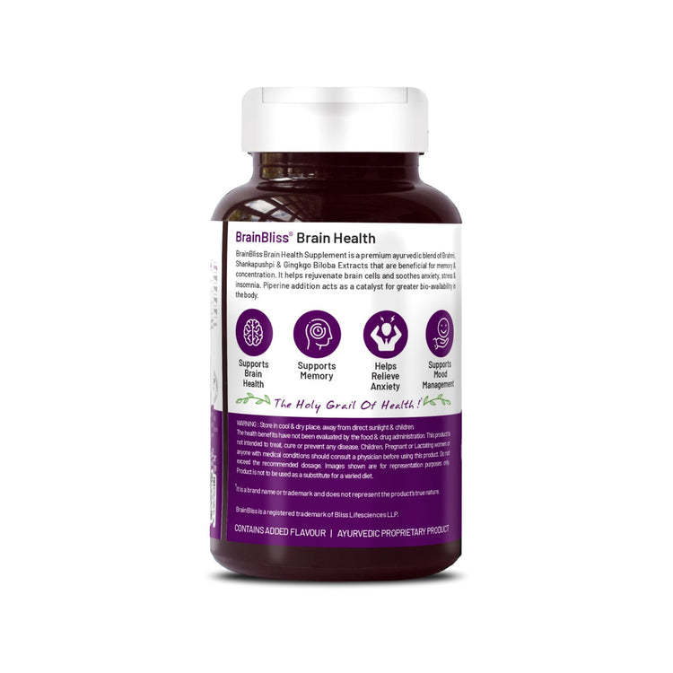 Bliss Welness BrainBliss health tablet for Memory Focus Mood | Brahmi Shankpushpi Ginkgo Biloba & Piperine | Cognitive Development Alertness Anti Anxiety Supplement - 60 Veg Tablets - Bliss Welness