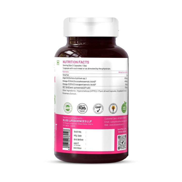 Bliss Welness BrainBliss Platinum Omega - 3 DHA+ EPA+ MCT Prenatal Postnatal Mother & Child Care | For Pregnant & Lactating Mothers | Brain Heart, Mother & Child Health Supplement - 60 Vegetarian Capsules - Bliss Welness