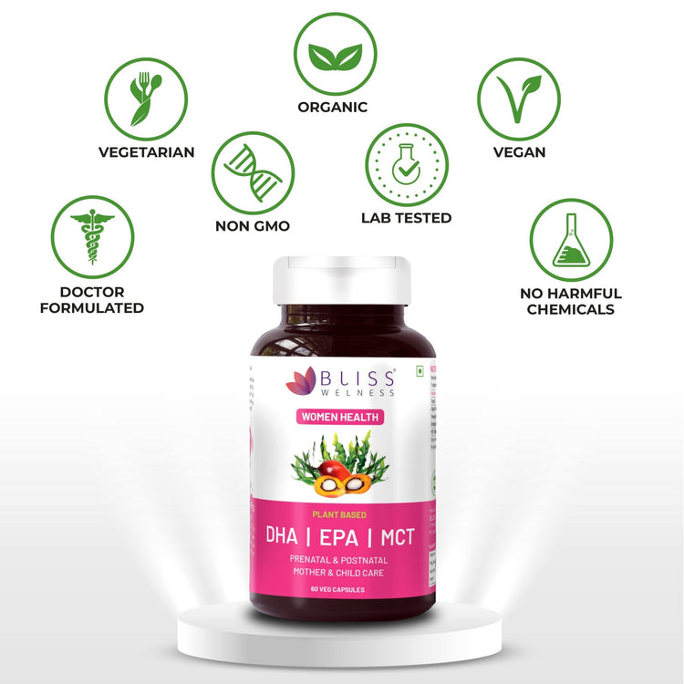 Bliss Welness BrainBliss Platinum Omega - 3 DHA+ EPA+ MCT Prenatal Postnatal Mother & Child Care | For Pregnant & Lactating Mothers | Brain Heart, Mother & Child Health Supplement - 60 Vegetarian Capsules - Bliss Welness