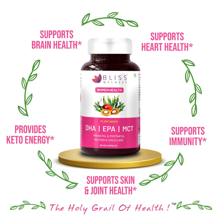 Bliss Welness BrainBliss Platinum Omega - 3 DHA+ EPA+ MCT Prenatal Postnatal Mother & Child Care | For Pregnant & Lactating Mothers | Brain Heart, Mother & Child Health Supplement - 60 Vegetarian Capsules - Bliss Welness