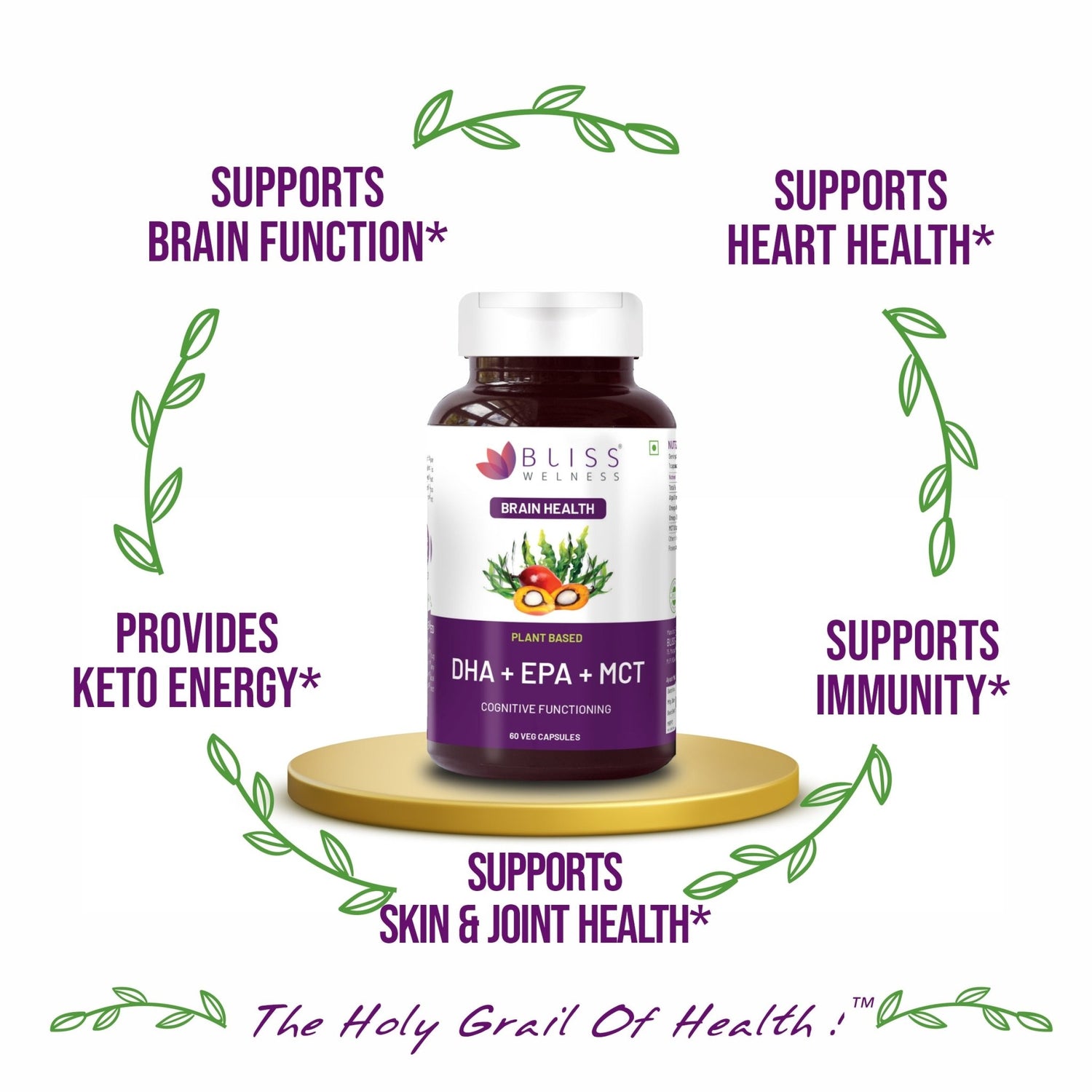 Bliss Welness BrainBliss Platinum Plant Based DHA+ EPA+ MCT | For Brain Heart & Eye Health Development Health Supplement - 60 Vegetarian Capsules - Bliss Welness