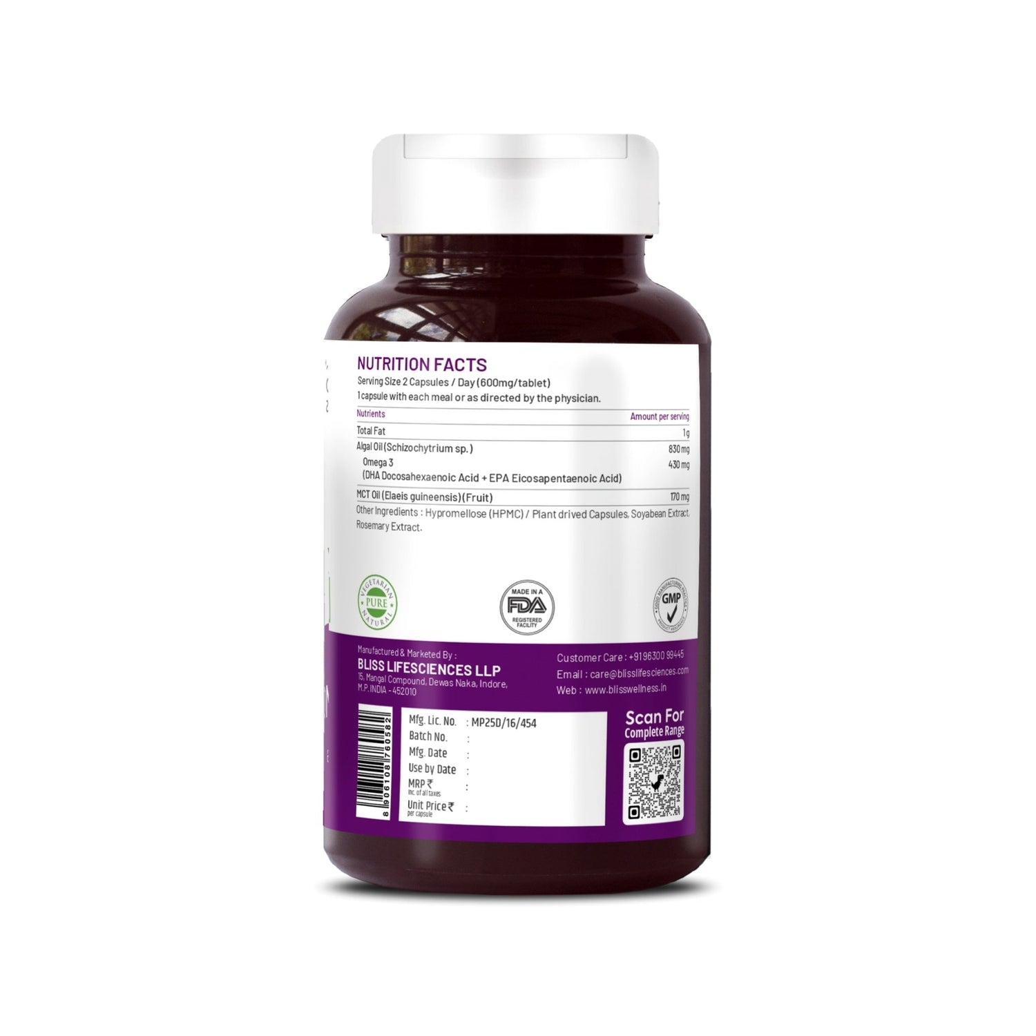 Bliss Welness BrainBliss Platinum Plant Based DHA+ EPA+ MCT | For Brain Heart & Eye Health Development Health Supplement - 60 Vegetarian Capsules - Bliss Welness