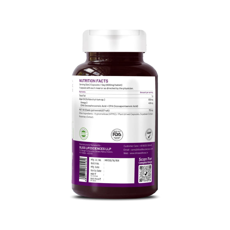 Bliss Welness BrainBliss Platinum Plant Based DHA+ EPA+ MCT | For Brain Heart & Eye Health Development Health Supplement - 60 Vegetarian Capsules - Bliss Welness