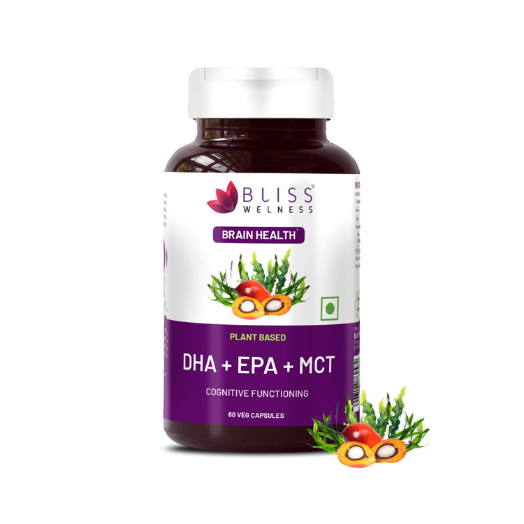 Bliss Welness BrainBliss Platinum Plant Based DHA+ EPA+ MCT | For Brain Heart & Eye Health Development Health Supplement - 60 Vegetarian Capsules - Bliss Welness