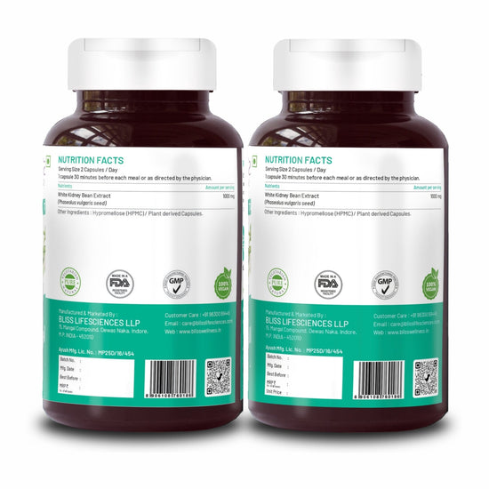Bliss Welness CarbBliss Pure Blocker Inhibitor | Premium White Kidney Bean Extract | Carbohydrate Control Weight & Sugar Management Supplement - 60 Vegetarian Capsules - Bliss Welness